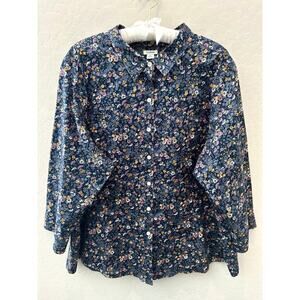 L.L. BEAN | Button Down Blouse Navy Floral Print 100% Cotton 3/4 Sleeve | 3X